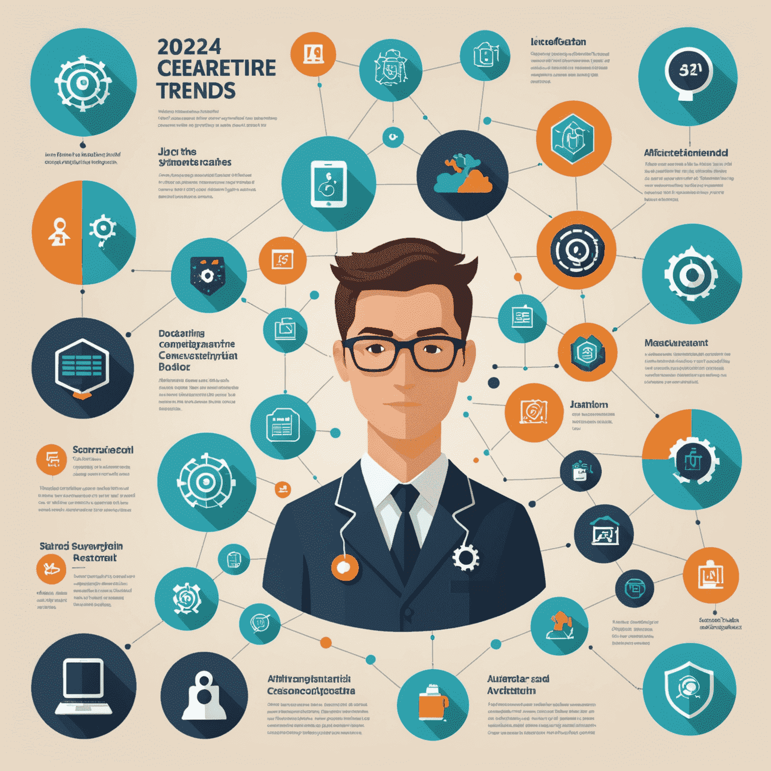 Infografika przedstawiająca trendy w karierze IT na rok 2024, zawierająca ikony reprezentujące sztuczną inteligencję, cyberbezpieczeństwo, chmurę obliczeniową i rozwój aplikacji mobilnych